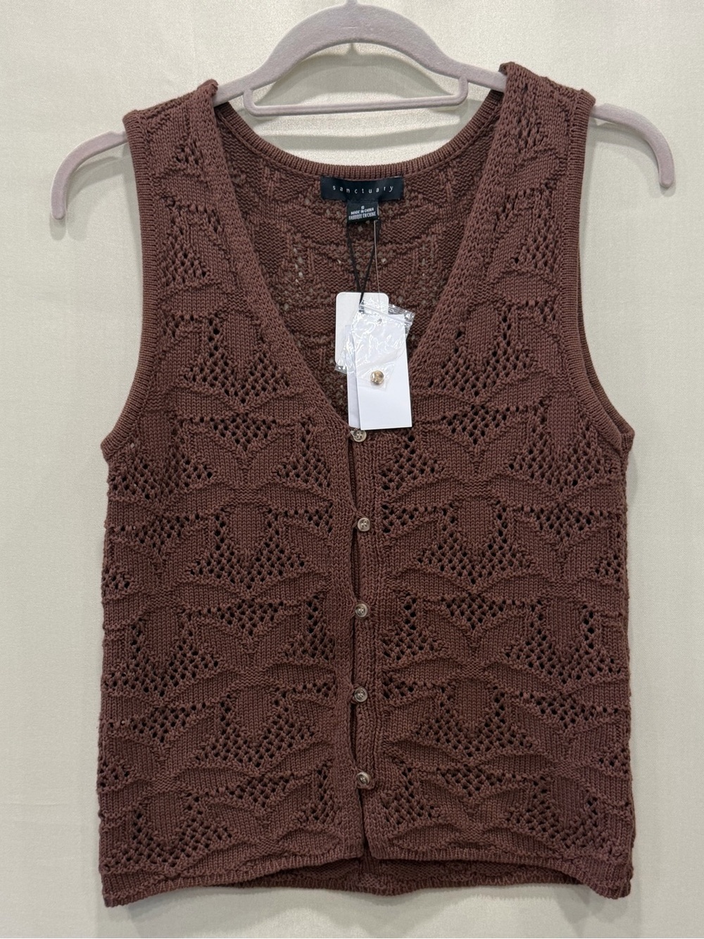 Sanctuary Brown Open Knit Button Front Sweater Vest NWT Size S $98
